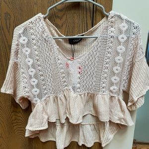 Hollow Out Ruffle Hem Short Sleeve Top